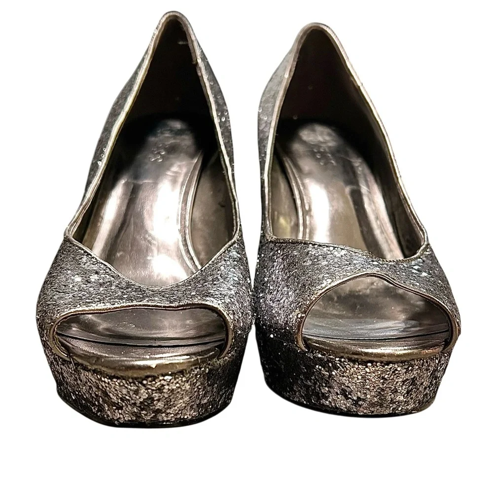 Guess Sparkling Silver Peep Toe Platform Heels Size 8